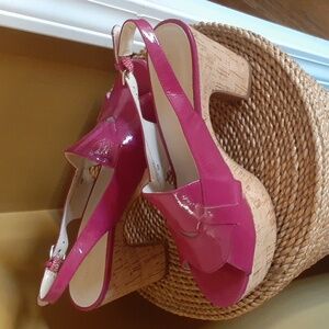 Nine West Shocking Pink Cork Platform Heeled Sandals